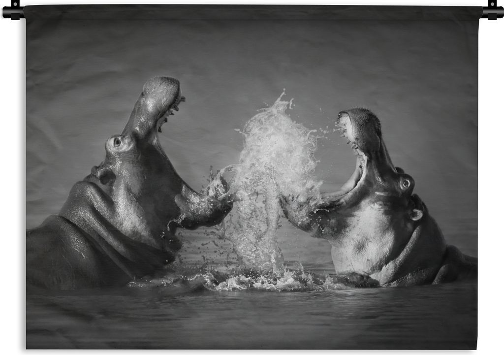 MuchoWow Wandteppich Wandbehang Tiere - Nilpferd - Wasser - Schwarz - Weiß 90x67.5 cm Tapisserie Dekoration Wandtuch - Fototeppich - Wand-Skulpt...