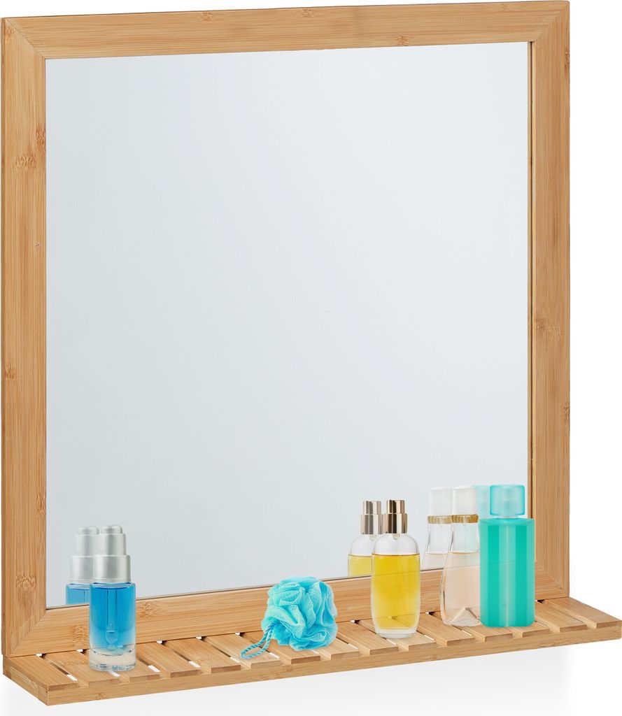 Miroir mural Relaxdays avec étagère, cadre en bambou, Image du produit 