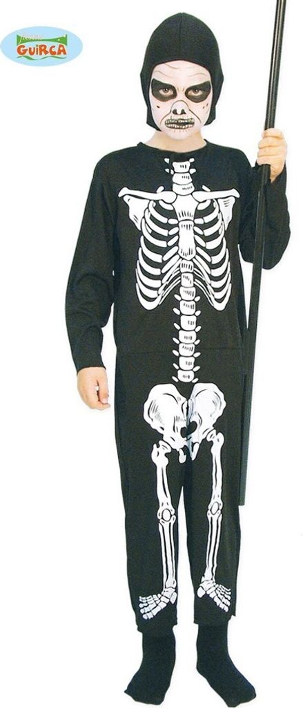 Skelett Halloween Jumpsuit Kostüm Kinder Mit Kapuze Gruselig Kürbis Nacht Fest, Größe: 128/134 Farbe: Schwarz