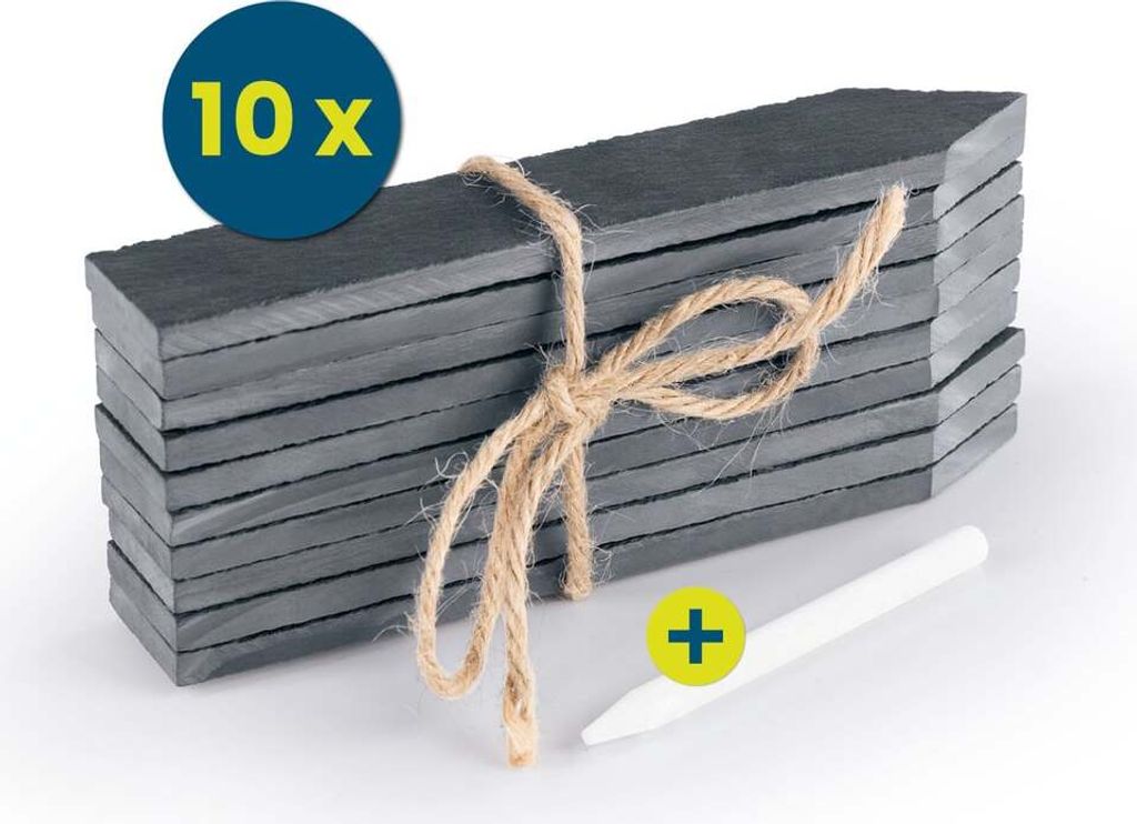 A stack of slate plant markers tied with twine, with a chalk pen next to them.