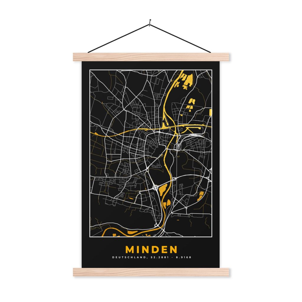 MuchoWow Textilposter Karte - Karte von Minden - Deutschland - Gold 40x60 cm mit holzfarbenen Rahmen - Poster