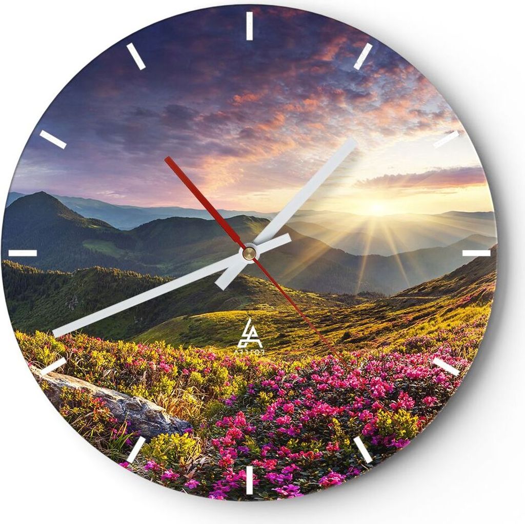 Wanduhr - Rund - Glasuhr - Gebirge Wiese Landschaft Wald - 40x40cm - Schleichendes Uhrwerk - Lautlos - zum Aufhängen bereit - Dekoration Modern - ...