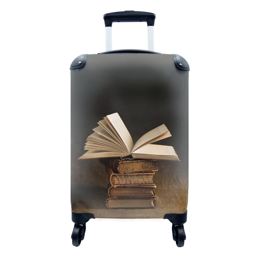 MuchoWow Koffer Handgepäck Trolley Rollkoffer Kleine Reisekoffer mit 4 Rollen - Stapel von antiken Büchern auf schwarzem Hintergrund - Cabin Si...