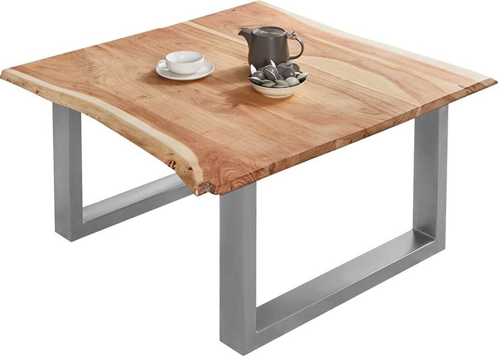 Couchtisch 90 x 90 cm Billy, echte Baumkante, Akazienholz naturfarben, massiver Sofatisch, U-Metallgestell Silber