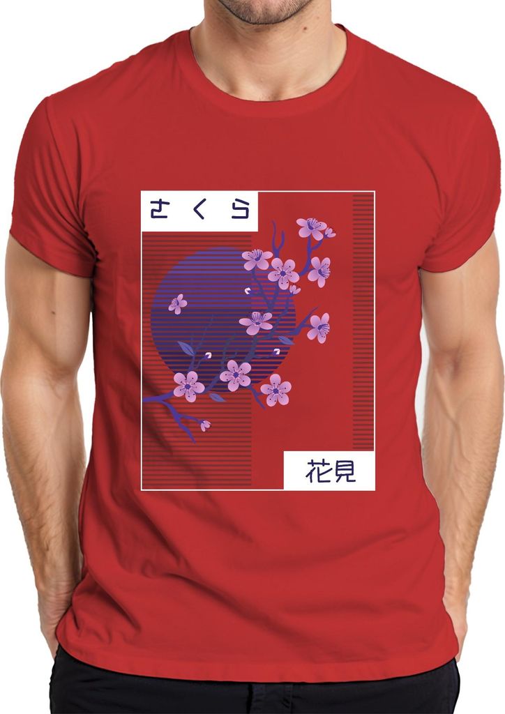 Kirschblüten Sakura さくら 花見 Hanami Japan Retro Vaporwave Nacht Herren T-Shirt, Rot, L