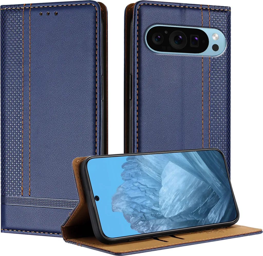 Custodia Google Pixel 9 Pro Pelle Blu con Supporto | Vero Stile Italiano