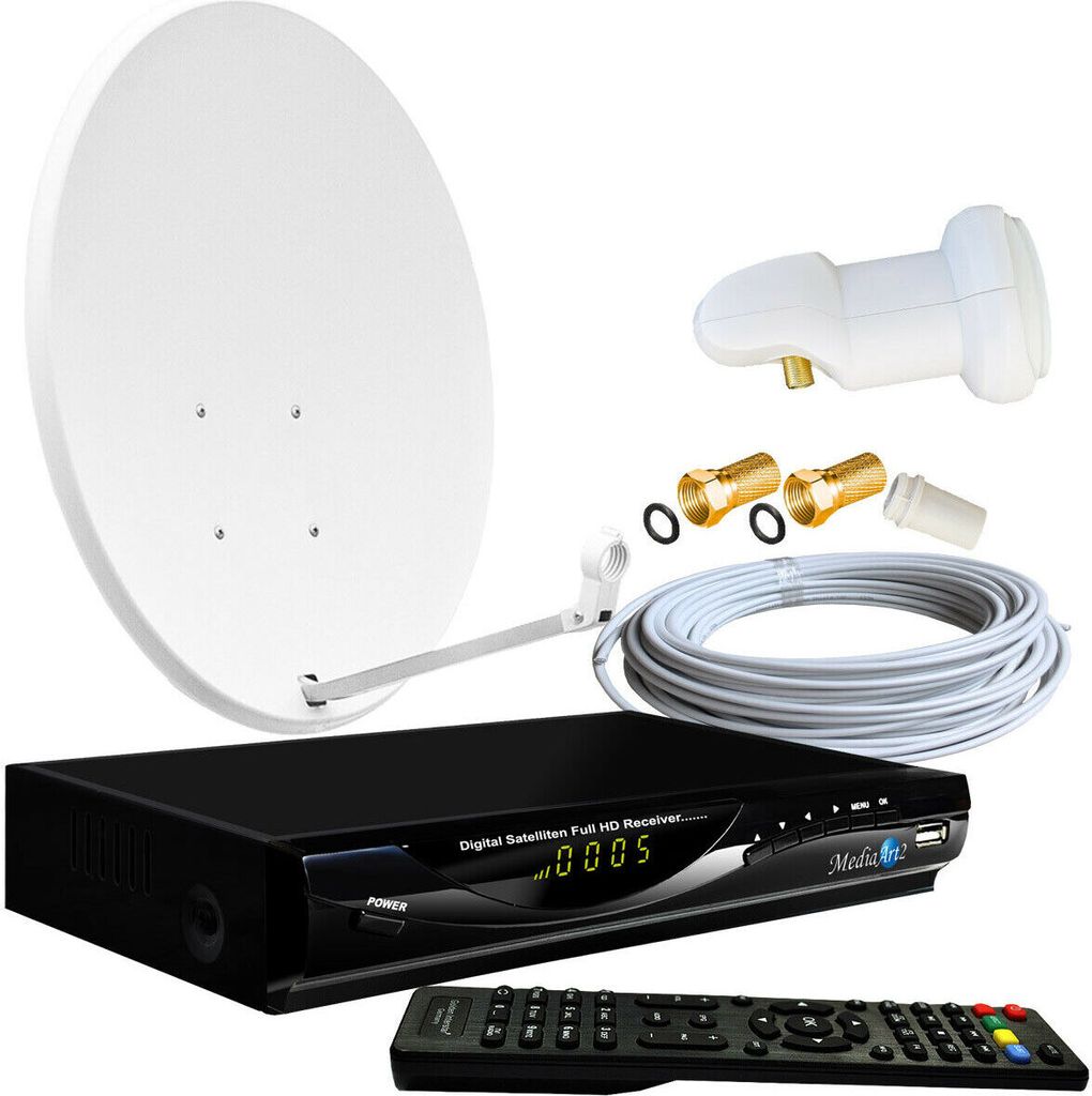 1-Teilnehmer Sat Anlage 60cm Spiegel Schüssel Full HD Sat-Receiver USB, 1080P, Single LNB 0,1dB, Kabel, F-Stecker, vorprogrammiert Astra, Deutsch