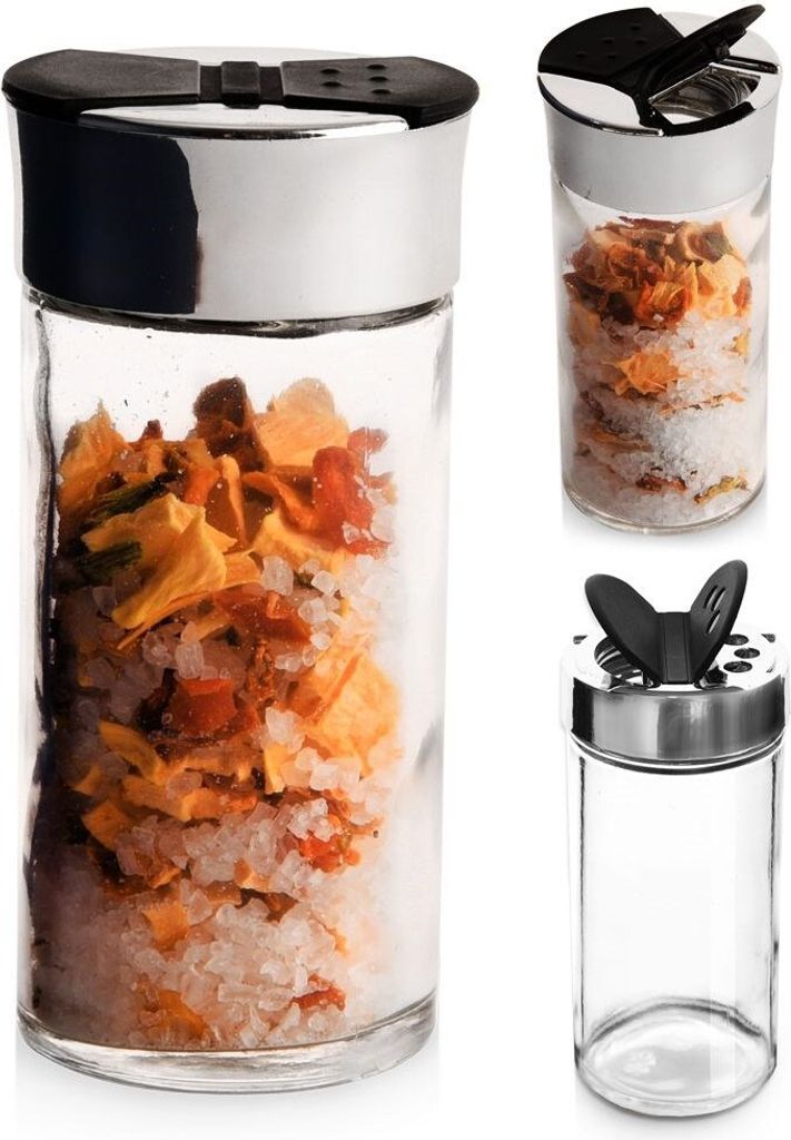 A collage of three images showing a glass spice jar with a silver and black lid, filled with spices and salt, and an empty jar.