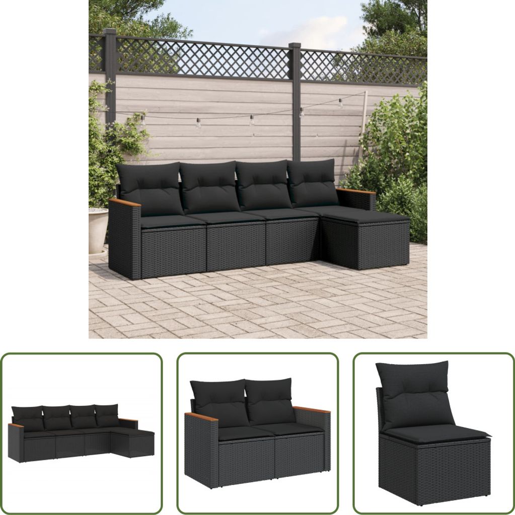 The Living Store 5-tlg. Garten-Sofagarnitur mit Kissen Schwarz Poly Rattan