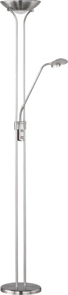 A silver floor lamp with two lights, one larger and one smaller adjustable light.