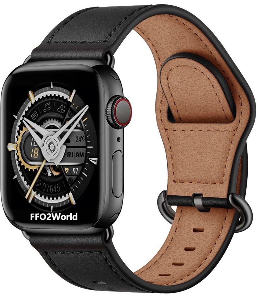 FFO2World Luxus-Lederarmband – Passend für Apple Watch 38/40/41/42 mm (Serie 1–11, SE) – Edles Armband mit Lederanschluss – Schwarz
