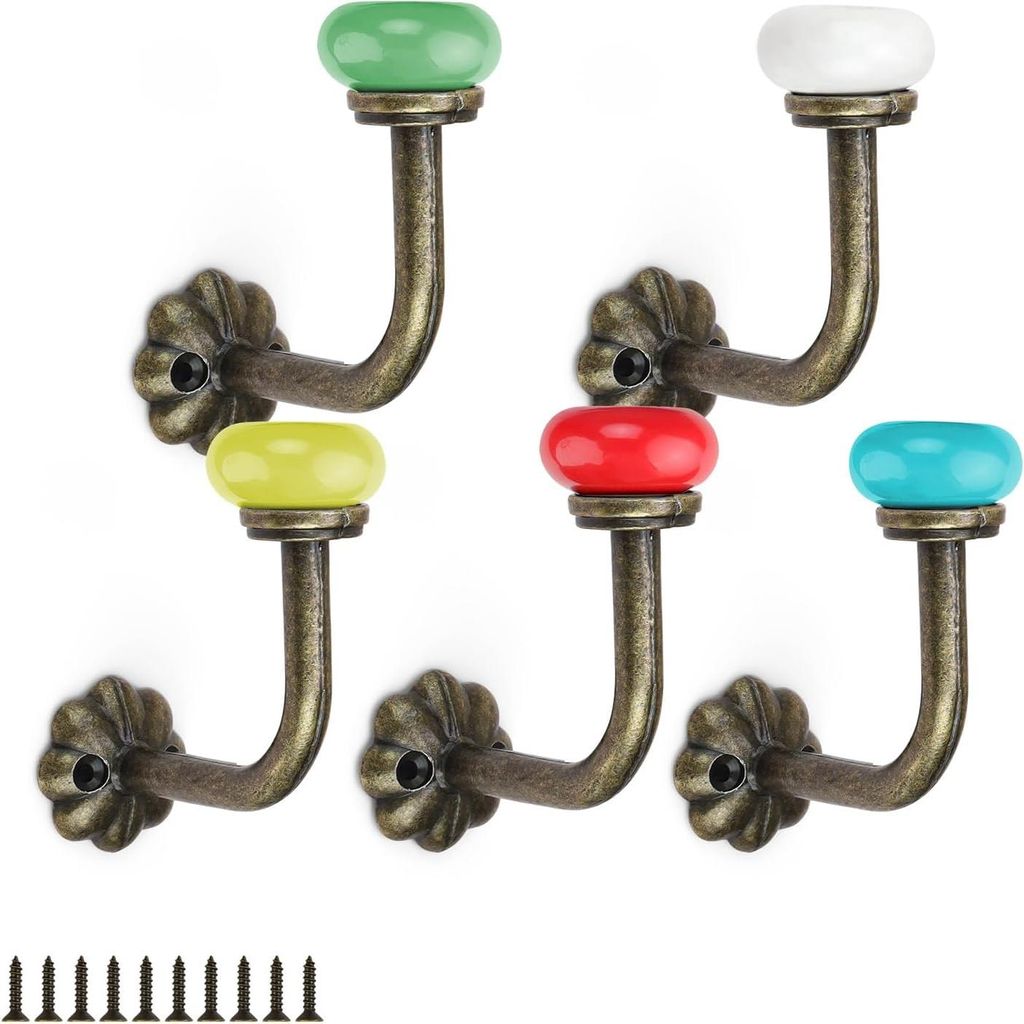 Set von 5 Vintage-Kleiderhaken, 5 farbige dekorative keramische Köpfe, Zinklegierung Vintage-Kleiderhaken mit Schrauben, geeignet zum Aufhängen v...