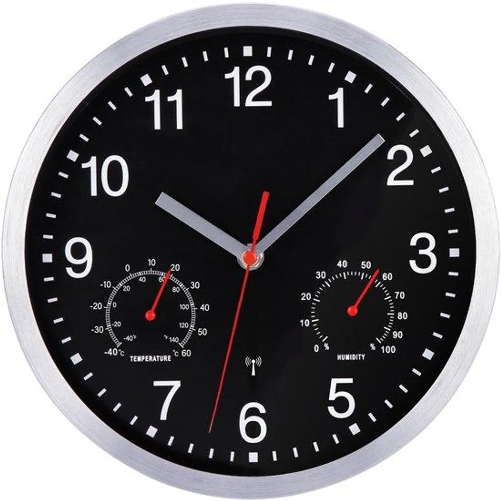 Horloge murale silencieuse radio-pilotée noire 25 cm avec thermomètre