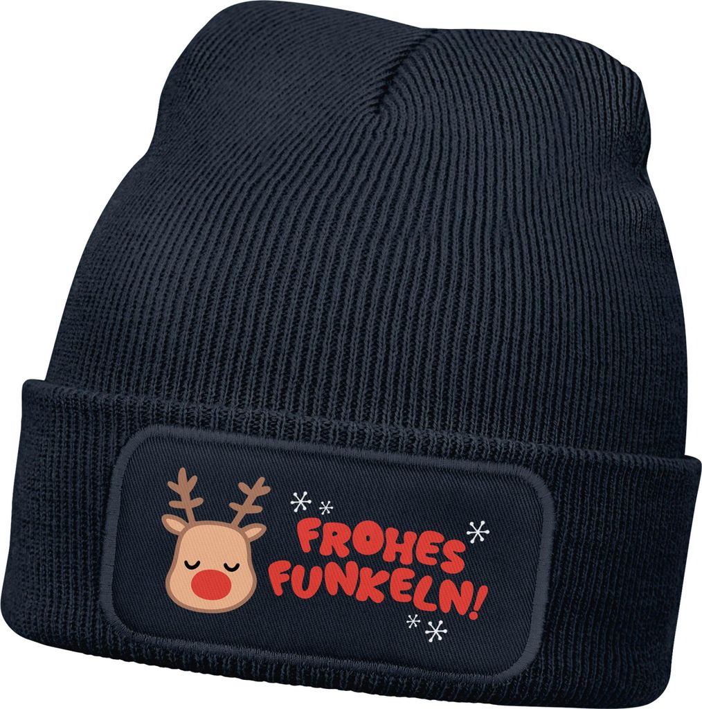 Wintermütze Kinder Weihnachtsmotiv Beanie Jungen Rentier Aufdruck Fohes Funkeln Print Strickmütze Kindermütze MoonWorks