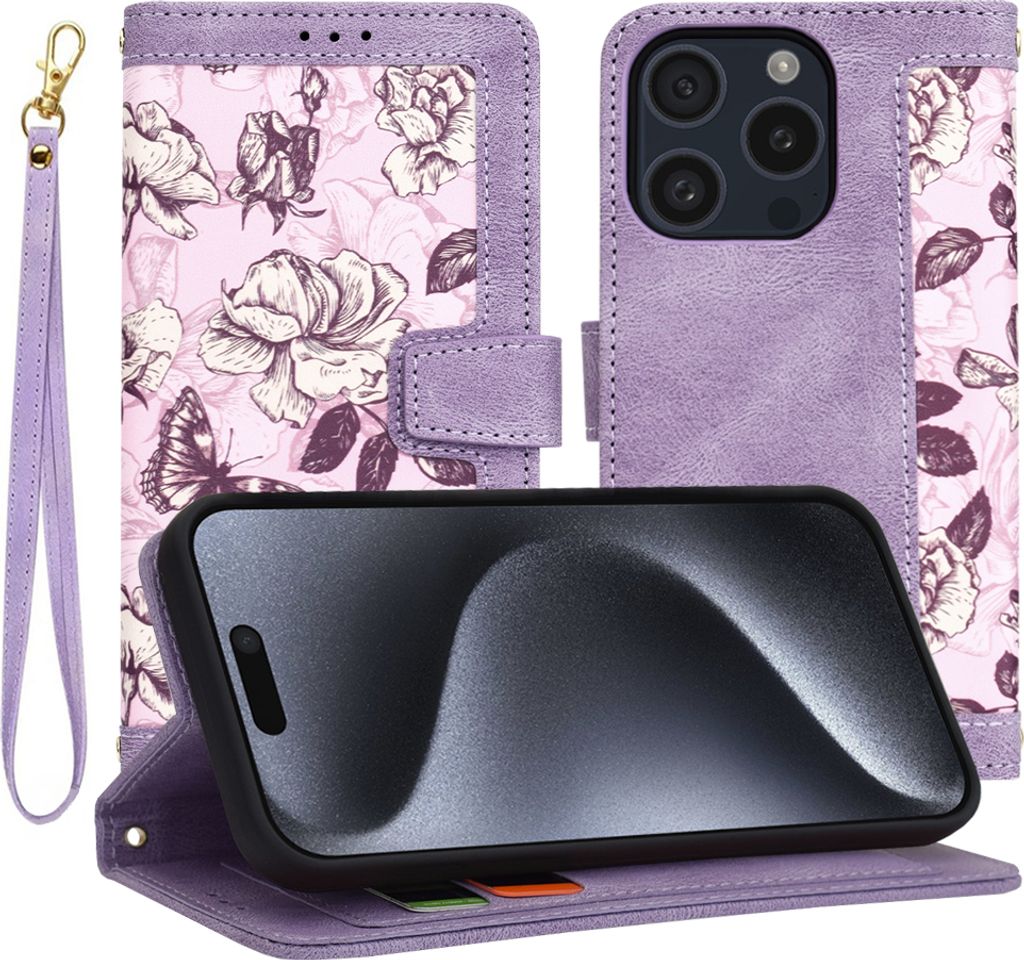 Techsuit FlipCraft Book Wallet Klapphülle mit Kabel für Apple iPhone 15 Pro - Mysterious Purple