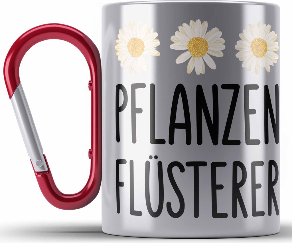 Trendation - Pflanzenflüsterer Gärtner Edelstahl Tasse Karabiner mit Spruch Garten Hobbygärtner Geschenk Lustig Gärtnerin Geschenkidee (Rot)
