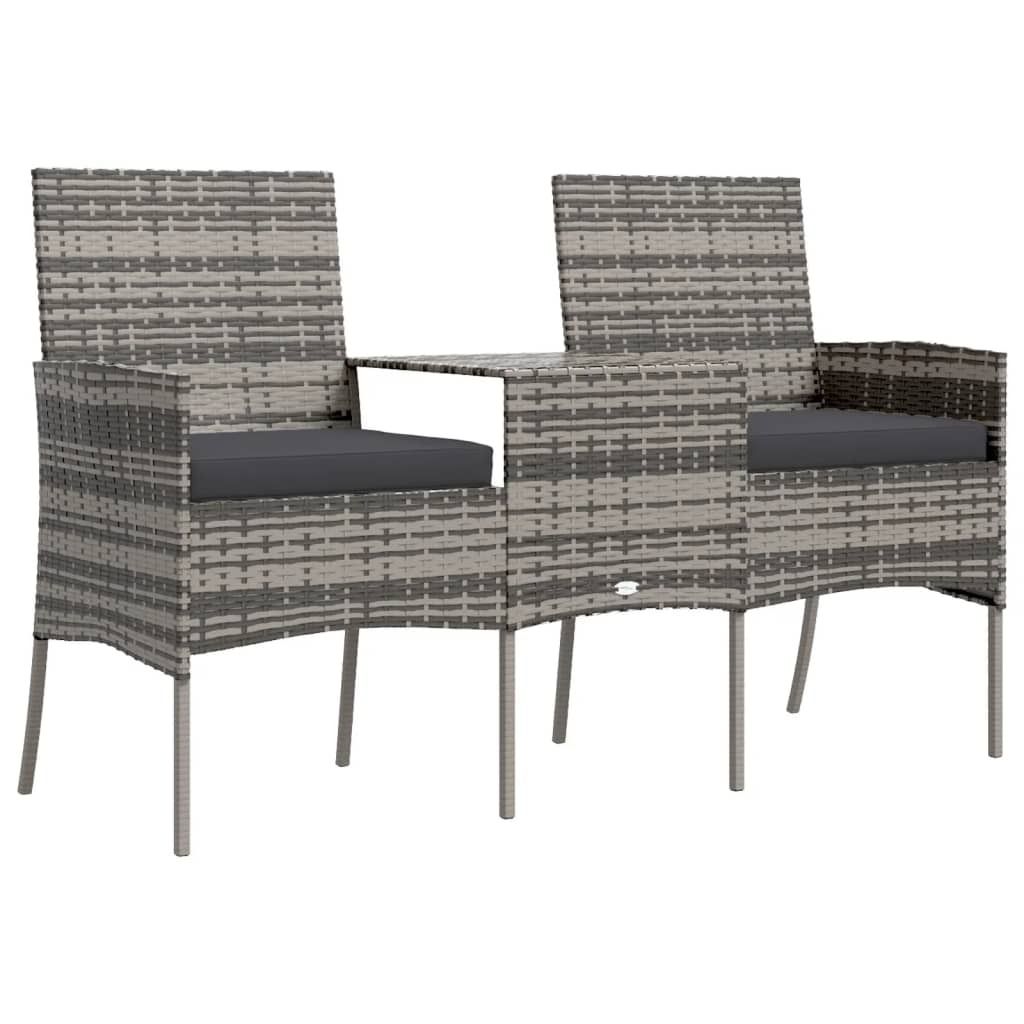 A two-seater garden sofa with a built-in tea table, made of poly rattan, shown against a white background.