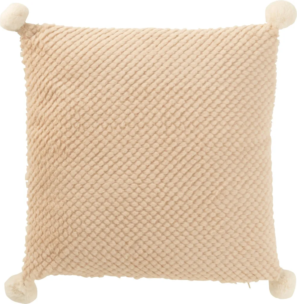 Coussin Beige à Pompons J-Line en Polyester pour Décoration Bohème