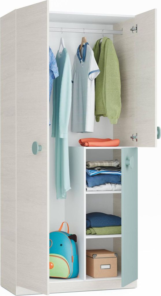 Manchester Kleiderschrank, Kleiderschrank für Schlafzimmer, Schrank mit 3 Türen und 3 Regalen mit Kleiderstange, cm 90x52h200, weiß und wassergrün