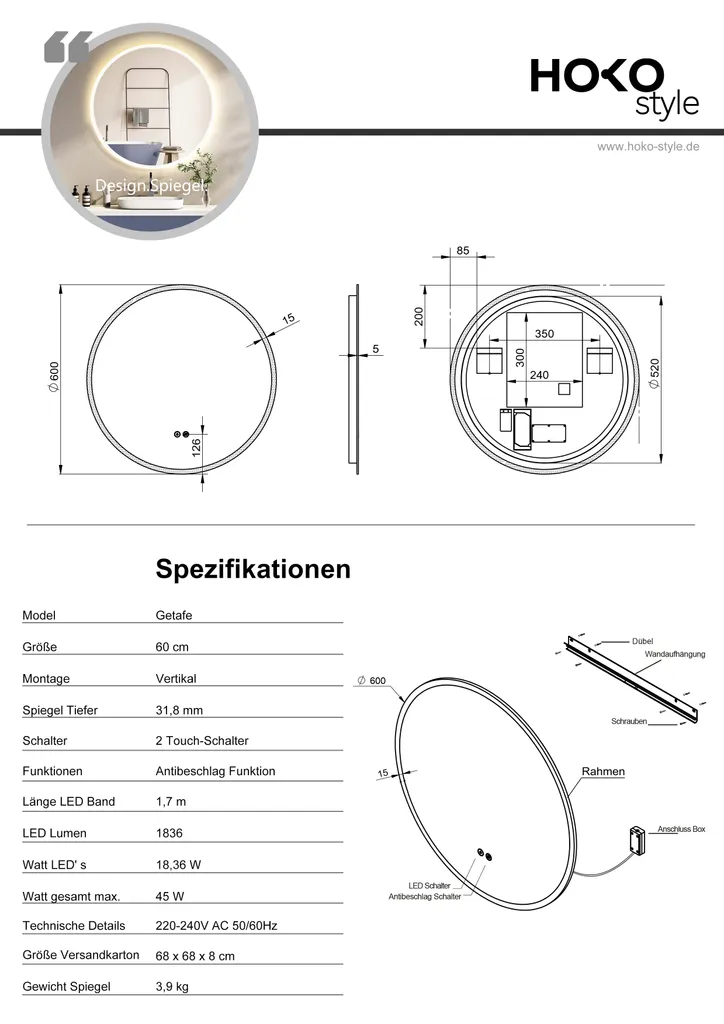 Specchio Bagno 60 cm LED Antiappannamento HOKO Cornice e Doppio Switch - 9