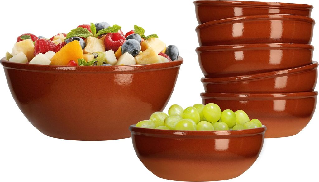 7tlg. Schalen-Set: Salat-Schale groß 1L + 6 kleine Suppen-Schälchen 350 ml braun glasiert Ton