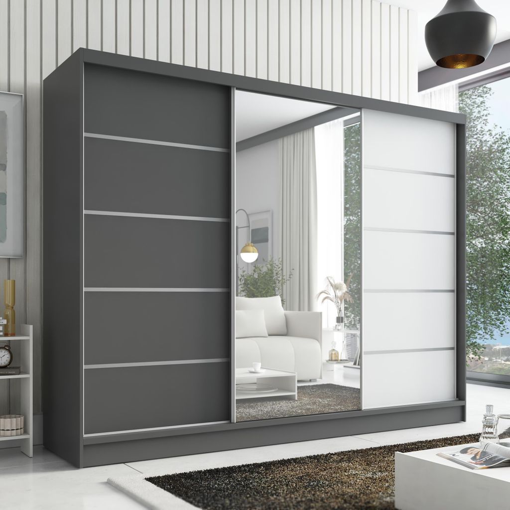 Schwebetürenschrank, 3-türig Schrank 200 cm mit Spiegel ARIVA 1 (Graphit/ Weiß / Graphit)