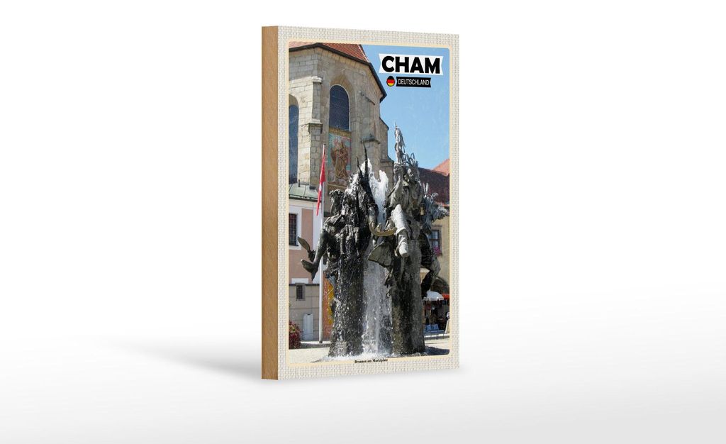 Holzschild Städte Cham Brunnen am Marktplatz 12x18 cm