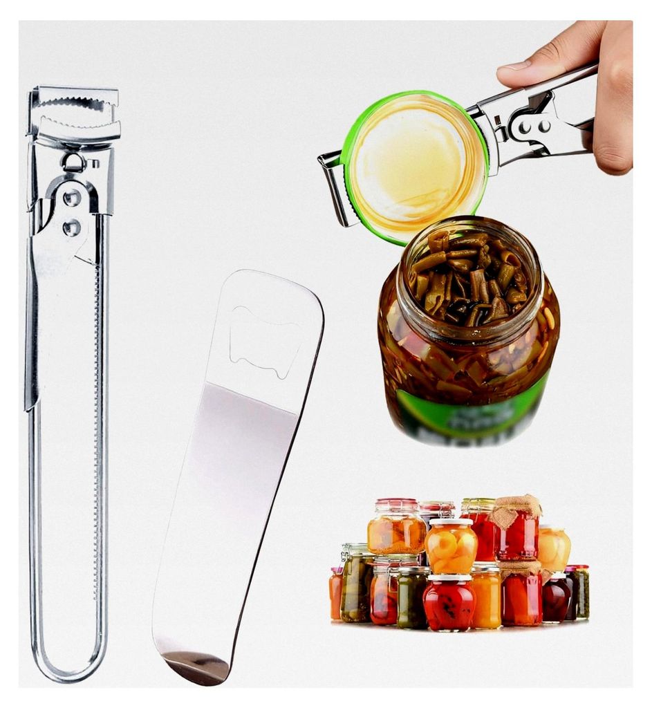 Edelstahl Dosenöffner und Flaschenöffner Set, verstellbarer manueller Dosenöffner mit ergonomischem Griff, multifunktionaler Glasöffner für Se...