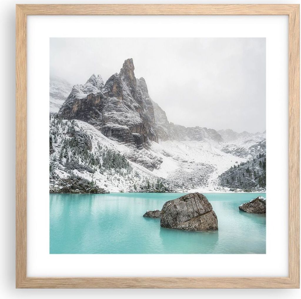 Gerahmtes Poster - Rahmen in heller Eiche - Berge See Schnee - 40x40 cm - Wand Bild - Wanddeko - Wandbilder - Kunstposter - Wandposter - Bilderrahm...