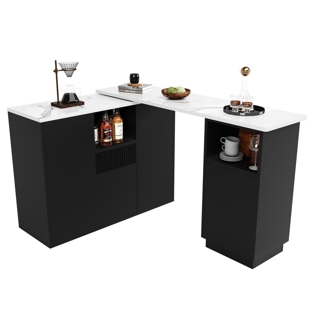 Um 360°drehbarer Bartisch,modernes und schlichtes schwarzes Design, mit offenem Stauraum und Marmor-Arbeitsplatte, multifunktionale Aufbewahrungsi...