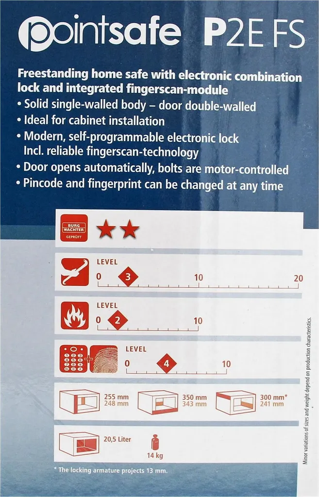 PointSafe P2 E FS Coffre-fort à lecteur biométrique et code de secours - 14