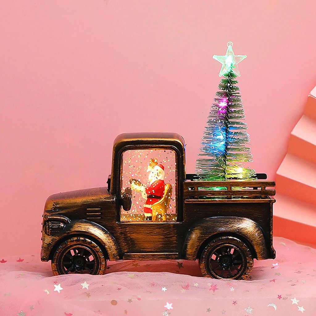 Weihnachtsmann Traktor Wasser-aktivierte Laterne, Antike Bronze mit LED-Weihnachtsbaum, 3 Knopfbatterien enthalten, 17x16x16cm
