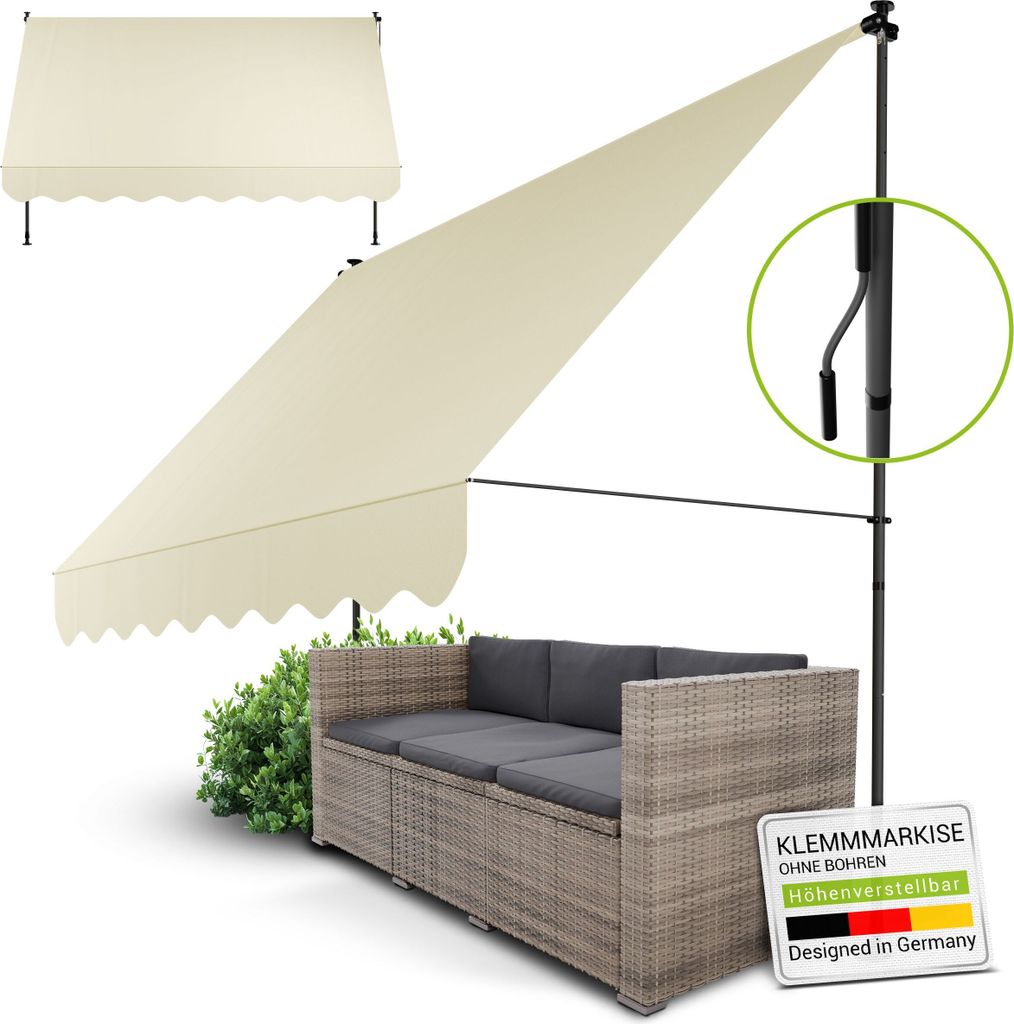 Juskys Klemmmarkise Kapstadt 300x120 cm - Höhenverstellbar, Montage ohne Bohren, wasserabweisende Beschichtung - Beige