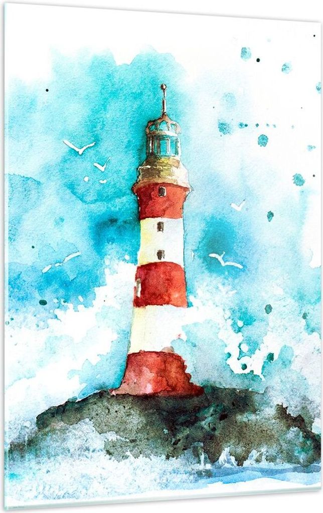 Bilder auf glas - Einteilig - Leuchtturm Wasser Illustration Welle - 50x70cm - Glasbilder - Wandbilder - Bilder - Wanddekoration aus Glas - Glas Bi...