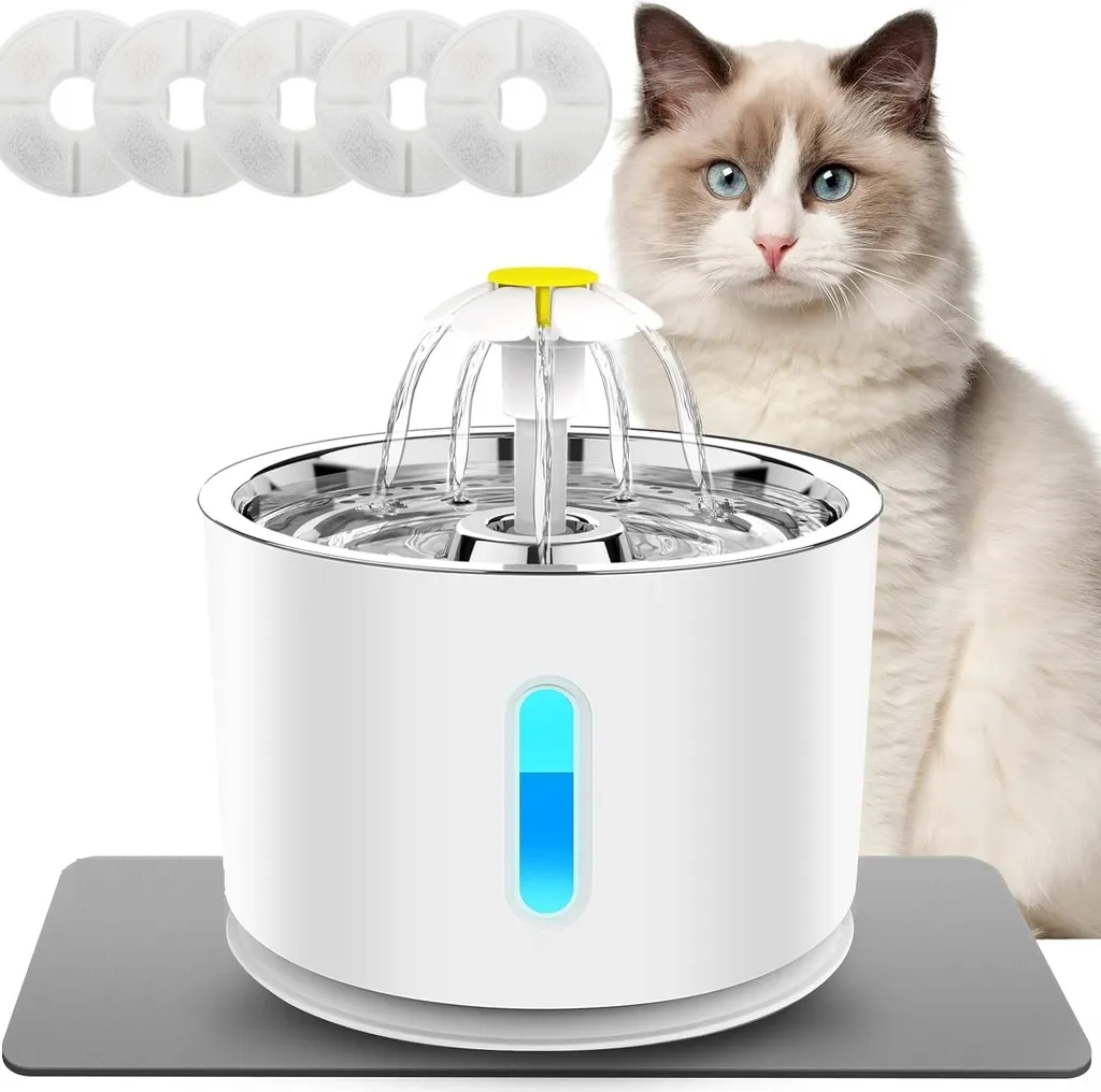Fontaine à Eau Chat sans Bruit 2.4L avec Indicateur LED et 5 Filtres