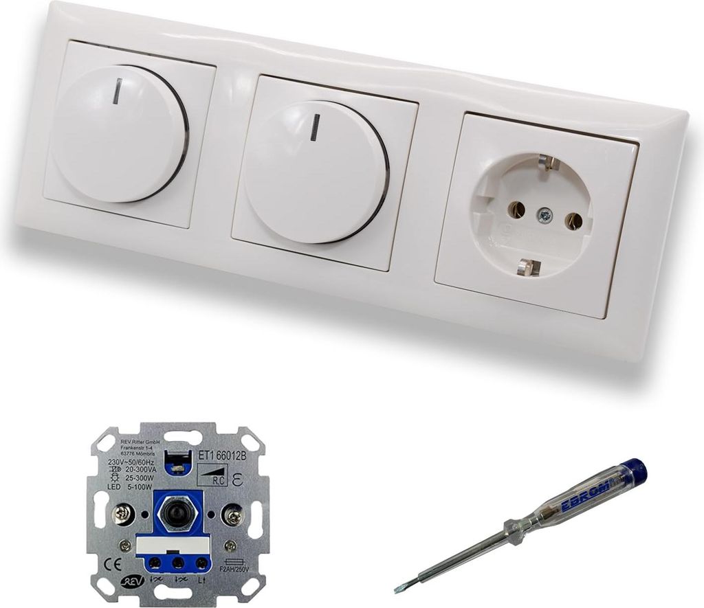 REV Ritter (2 x) LED Drehdimmer Dimmer + Busch Jäger Dimmerscheibe 2115-914 und Steckdose 20EUC-914 in Balance Si alpinweiß glänzend inklusive E...