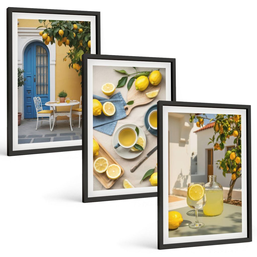 Bilder Set 3-teilig im schwarzen Rahmen – Wandbilder 3 Stück – gerahmte Poster für Wohnzimmer, Schlafzimmer und Flur – 40x60 cm – Zitrone...