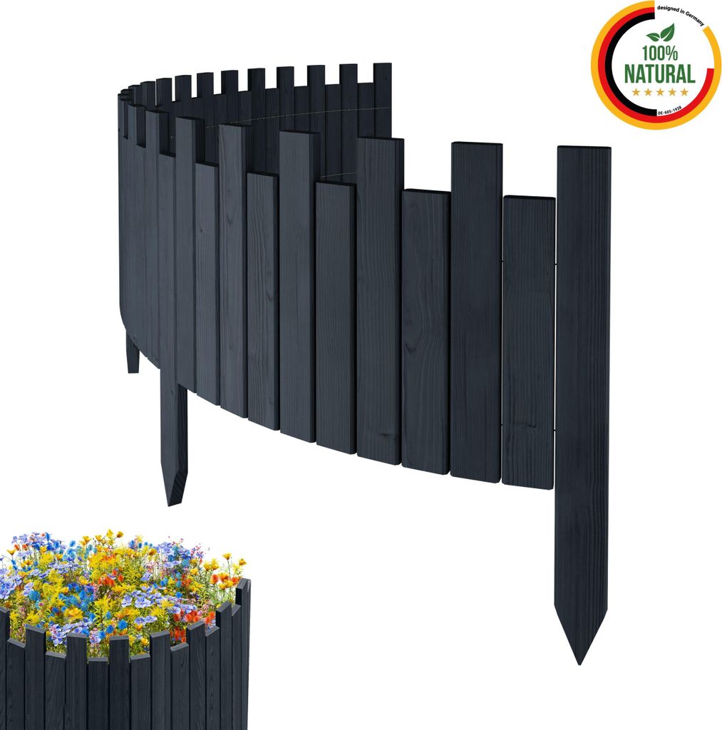 Floranica Beeteinfassung Rasenkante Holz Rollzaun Holzzaun 200 x 30 cm Antrazit imprägniert Flexible Rollborder Palisade Gartenzaun