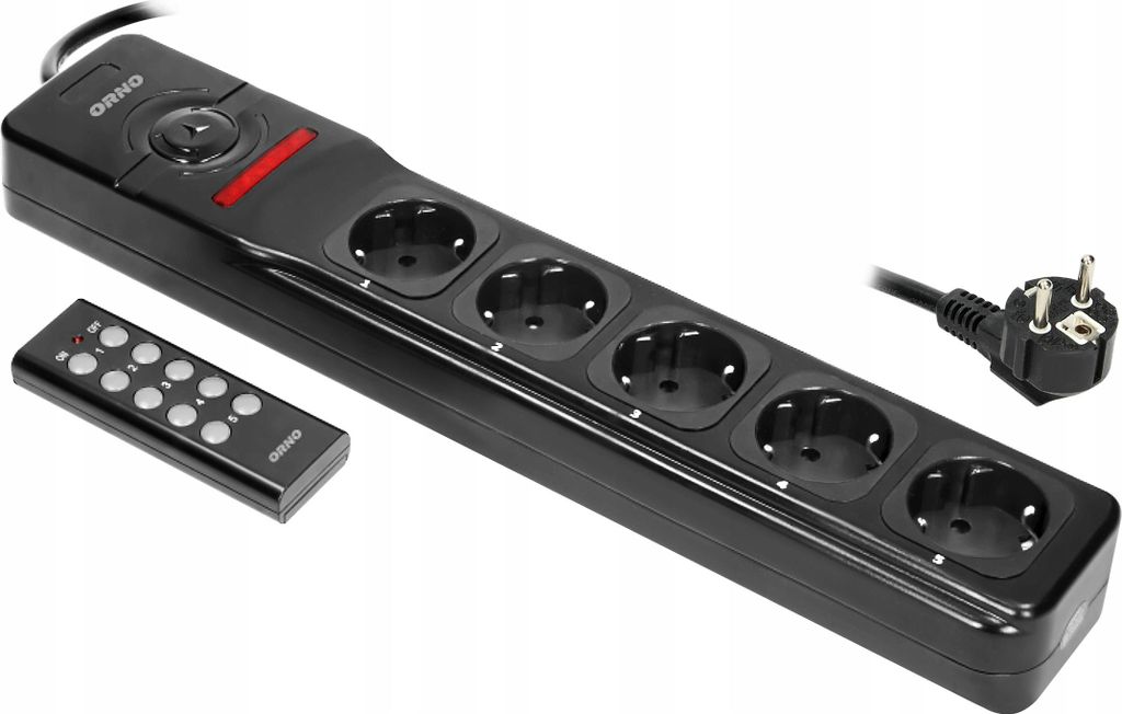 A black power strip with five outlets and a remote control, shown on a white background.