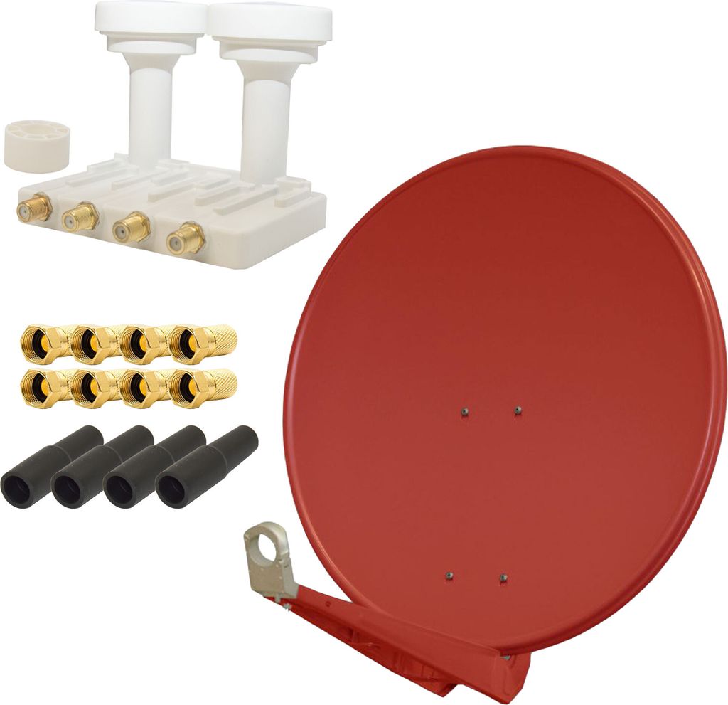 PremiumX DELUXE85 Alu 85cm Digital SAT Schüssel Ziegelrot Monoblock Quad PXMB-6QW WE 4x Gummitülle 8x F-Stecker