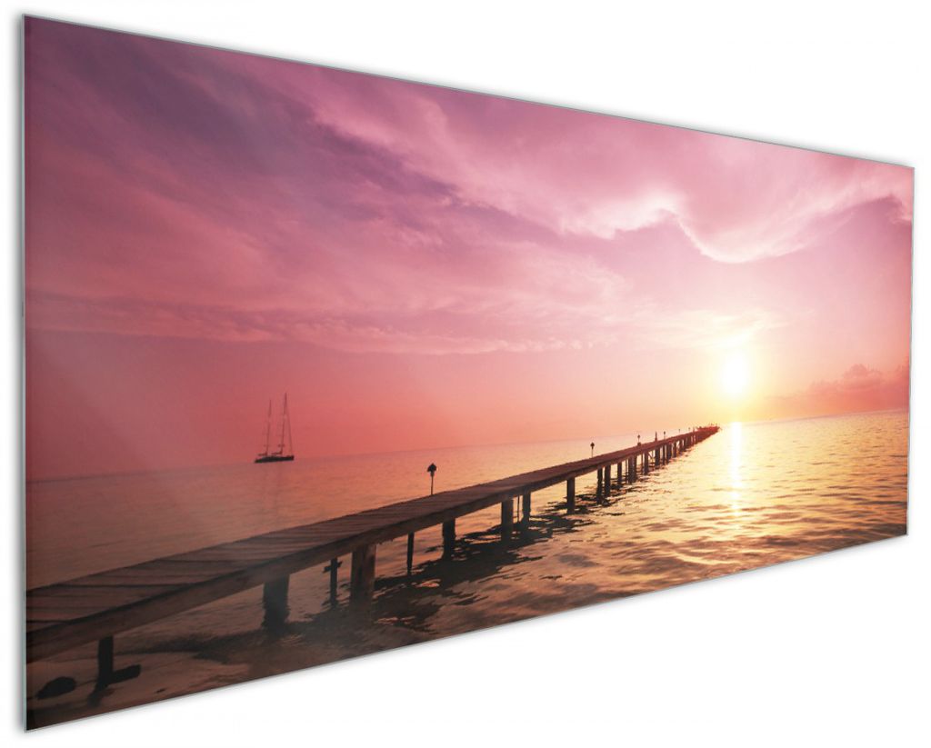 Wallario Küchenrückwand aus Glas, Größe: 125 x 50 cm, Motiv: Auf dem Weg zur Sonne Steg am Meer | Spritzschutz | abwischbar | pflegeleicht | in