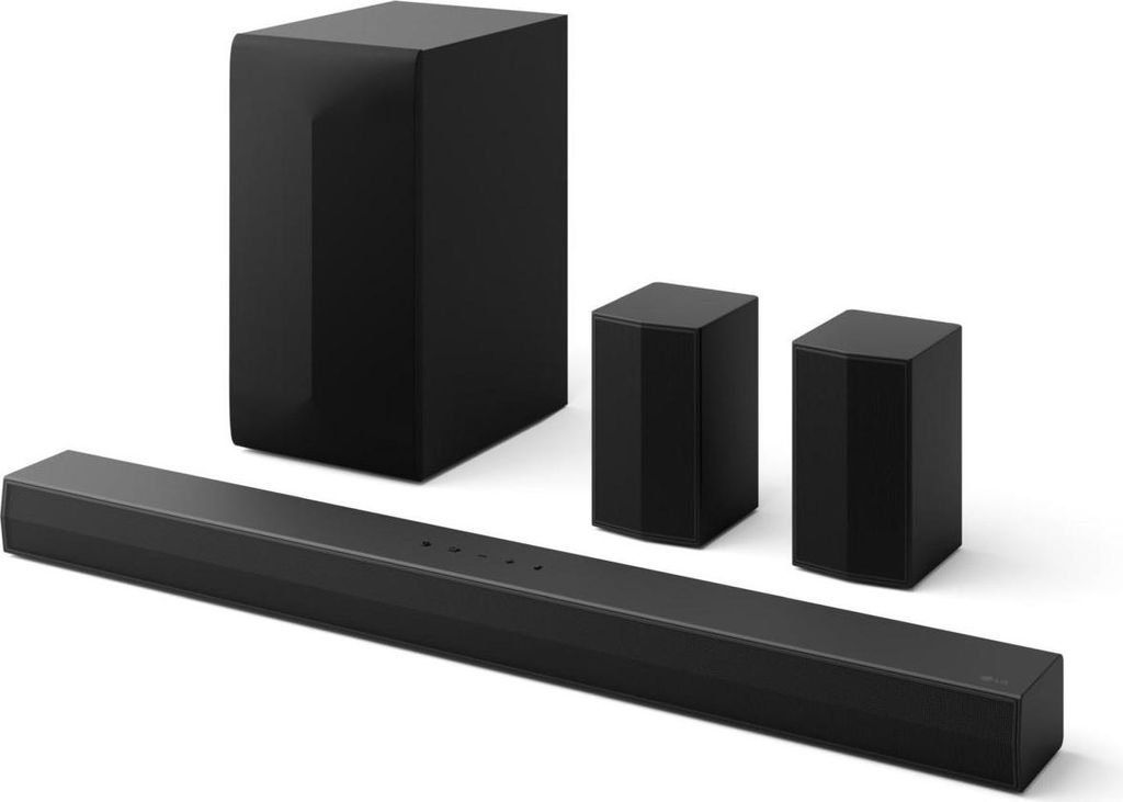 A black soundbar, subwoofer, and two satellite speakers are arranged on a white background.