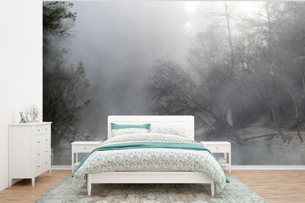 MuchoWow Fototapete für Wohnzimmer oder Schlafzimmer Wandtapete Vinyl Motivtapete Nebel - Wald - Spanien - 350x260 cm - Wohnzimmer-Tapete