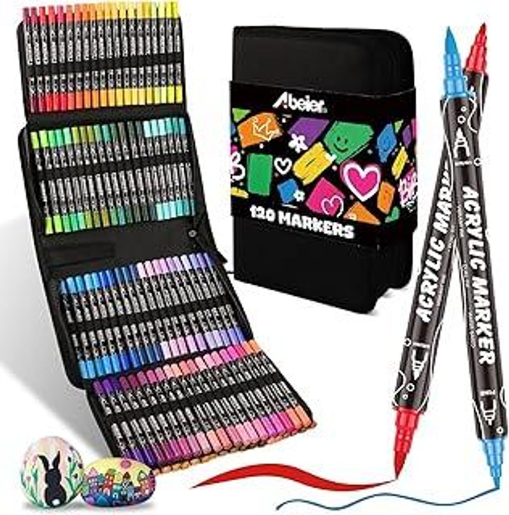 ABEIER Acrylstifte,120 Farben Brush Pen set Wasserfester Dual Tip filzstifte für Rock Painting, Glas, Papier, Holz, Ei, Leinwand, Keramik, Stoff, ...