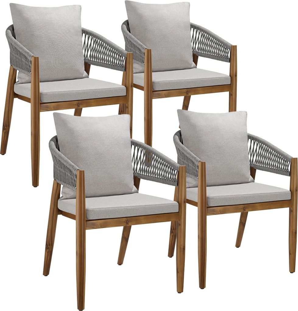 Four outdoor chairs arranged in a group.