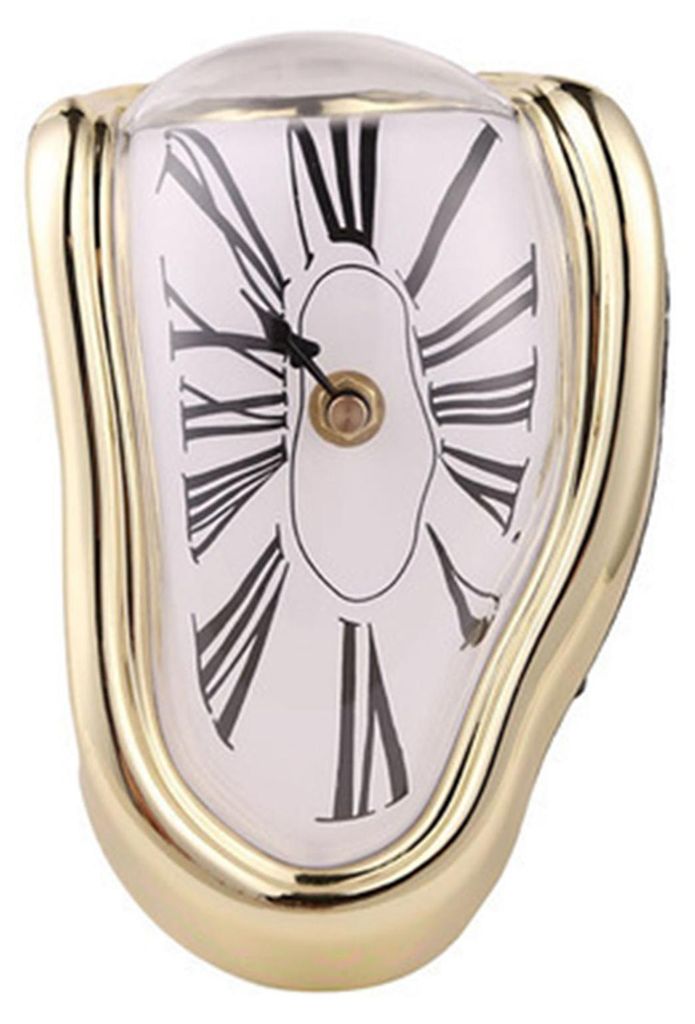 Schmelzende Uhr aus Kunststoff, Retro, dekorativ, galvanisierte Metallfarbe, Schreibtisch, Tisch für Büro, golden