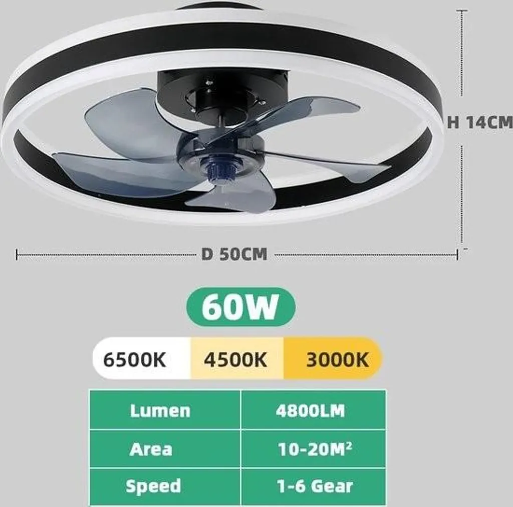 Ventilateur de plafond Intelligent Dimmable Noir 6 Modes Ventilation