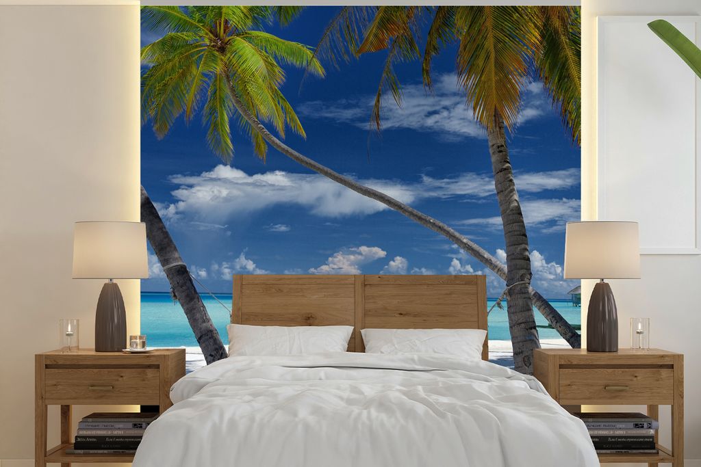 MuchoWow Fototapete für Wohnzimmer oder Schlafzimmer Wandtapete Vinyl Motivtapete Strand - Sommer - Hängematte - 350x350 cm - Schlafzimmertapete