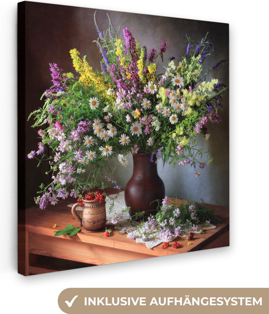 MuchoWow - Leinwandbilder - Blumen - Tisch - Stilleben - Blumenstrauß - Vase, Wandbild, Wanddeko Bilder Wohnzimmer, 90x90 cm