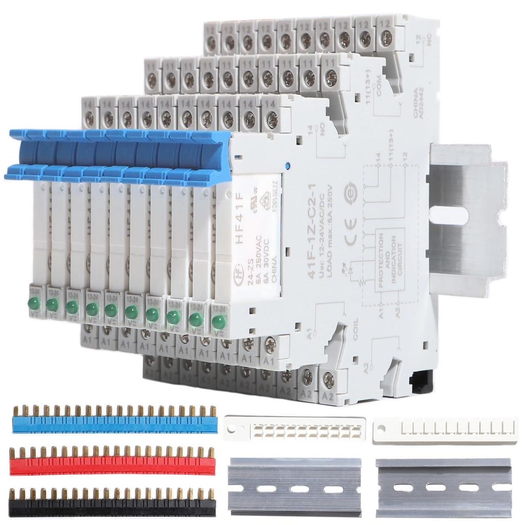 10x 24V Relais Din Rail Solenoid Power Relay für PLC, HF41F/24-ZS 5 Pin SPDT mit Push in Sockel, 24 Spule dc/ac, Elektromagnetisches Relais, 6A 25...
